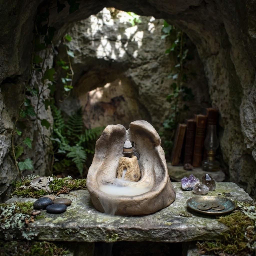 Ton Altar mit Backflow Räuchergefäß, Ammonit Relief Spirale, Schamanische Deko, Rauchwasserfall Keramik, Archaischer Hausaltar RÄH072