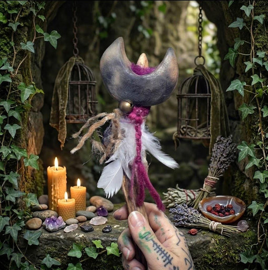 Ritualstab Intuition – Halbmond aus traditionell gebranntem Ton mit Amethyst & Kupfer - Art.Nr.: RST032