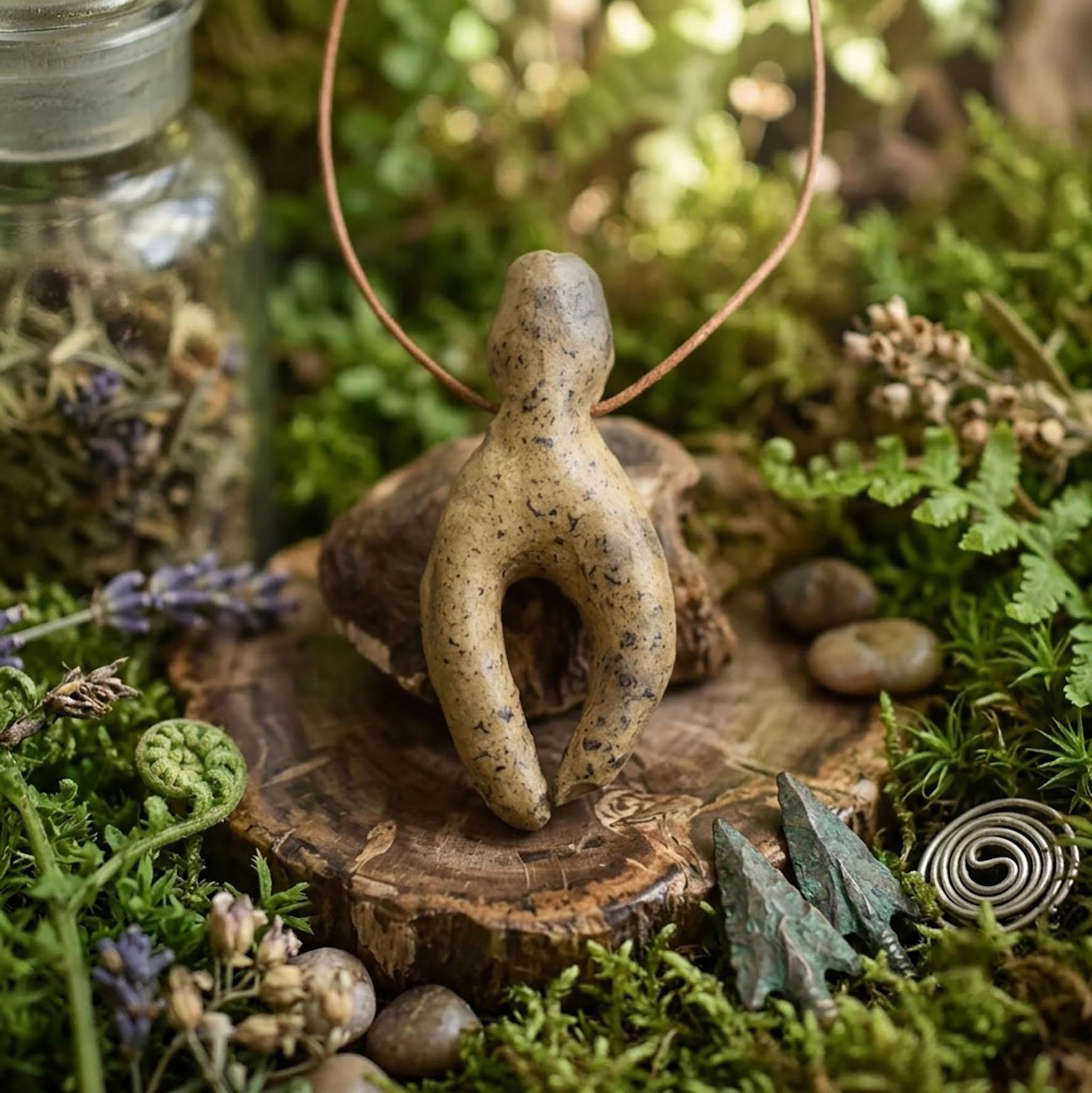 Handgefertigtes Amulett - stilisierte Göttin - Rauchbrandkunst in Ton – Ein rustikales Geschenk der prähistorischen Kunst