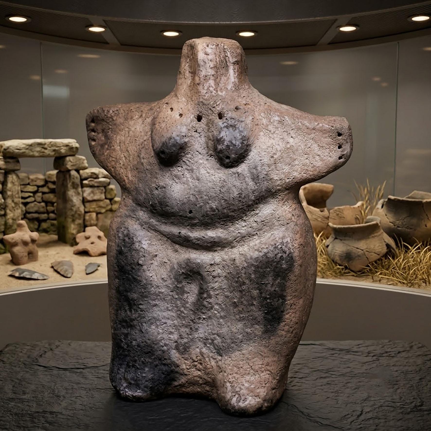 Handgefertigte prähistorische Venus Skulptur - Spirituelle Dekoration aus Ton im Rauchbrand vollendet - individuelles Wohnambiente