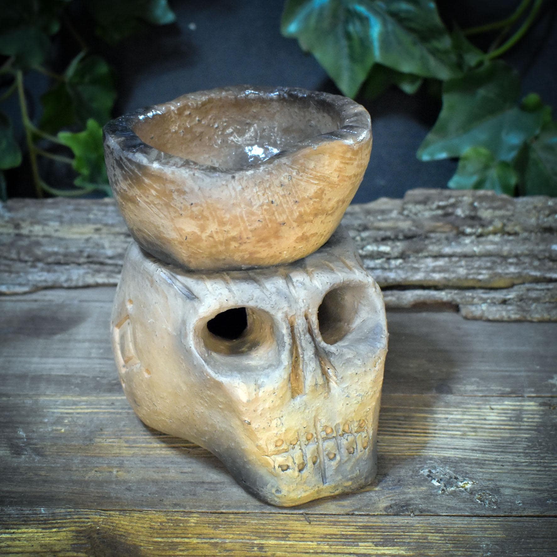 4in1 Räucherstövchen Totenkopf Ton | Duftlampe Rauchbrand Schädel | Spirituelles Geschenk Altar Ritual Keramik Unikat 1,1kg RÄG088