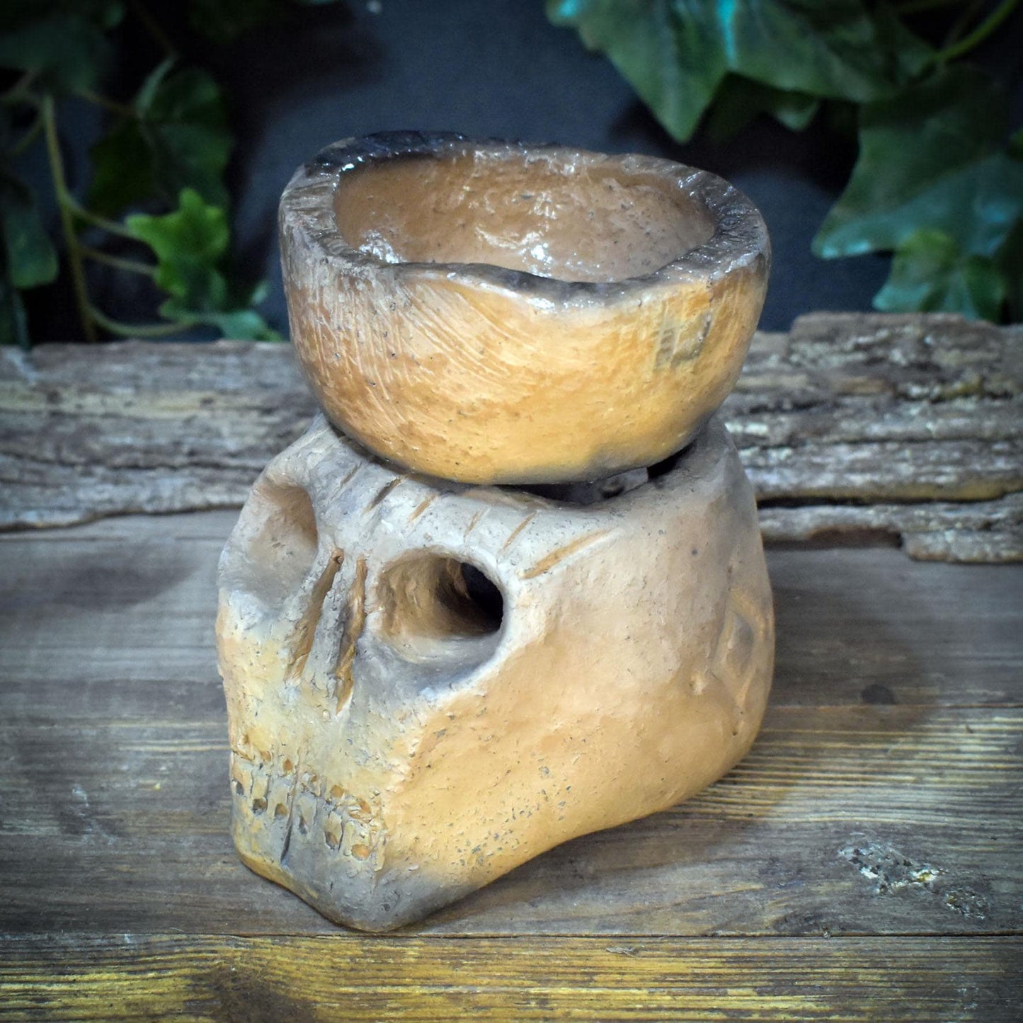 4in1 Räucherstövchen Totenkopf Ton | Duftlampe Rauchbrand Schädel | Spirituelles Geschenk Altar Ritual Keramik Unikat 1,1kg RÄG088