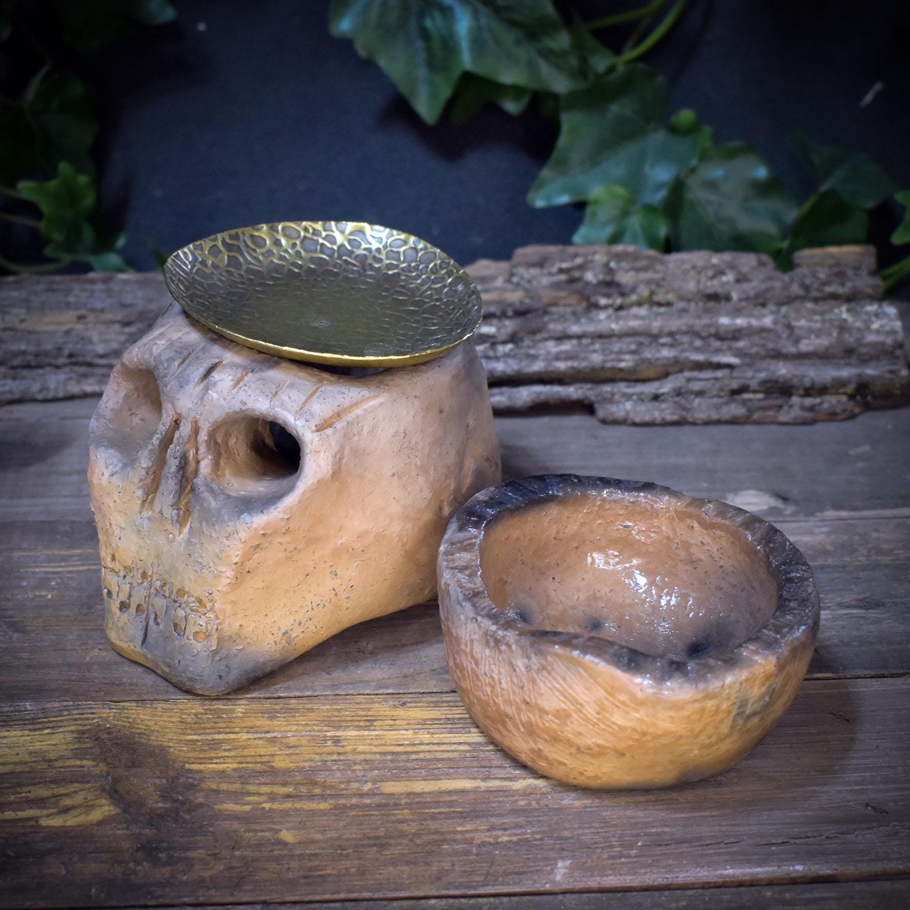 4in1 Räucherstövchen Totenkopf Ton | Duftlampe Rauchbrand Schädel | Spirituelles Geschenk Altar Ritual Keramik Unikat 1,1kg RÄG088