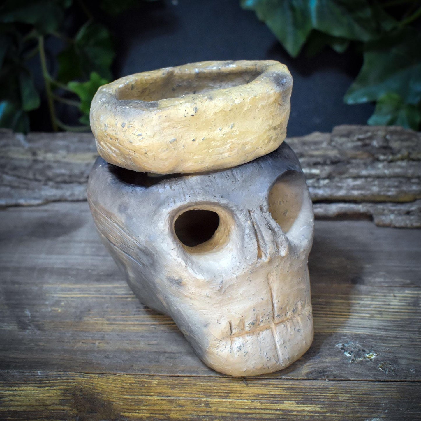 4in1 Räucherstövchen Totenkopf Ton | Duftlampe Rauchbrand Schädel | Spirituelles Geschenk Altar Ritual Keramik Unikat 1kg RÄG089