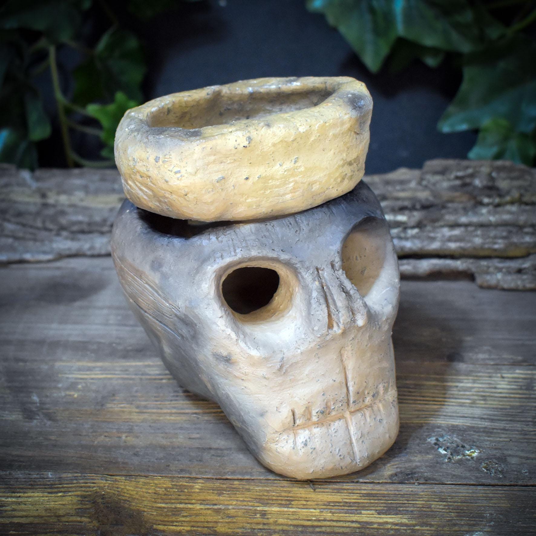 4in1 Räucherstövchen Totenkopf Ton | Duftlampe Rauchbrand Schädel | Spirituelles Geschenk Altar Ritual Keramik Unikat 1kg RÄG089