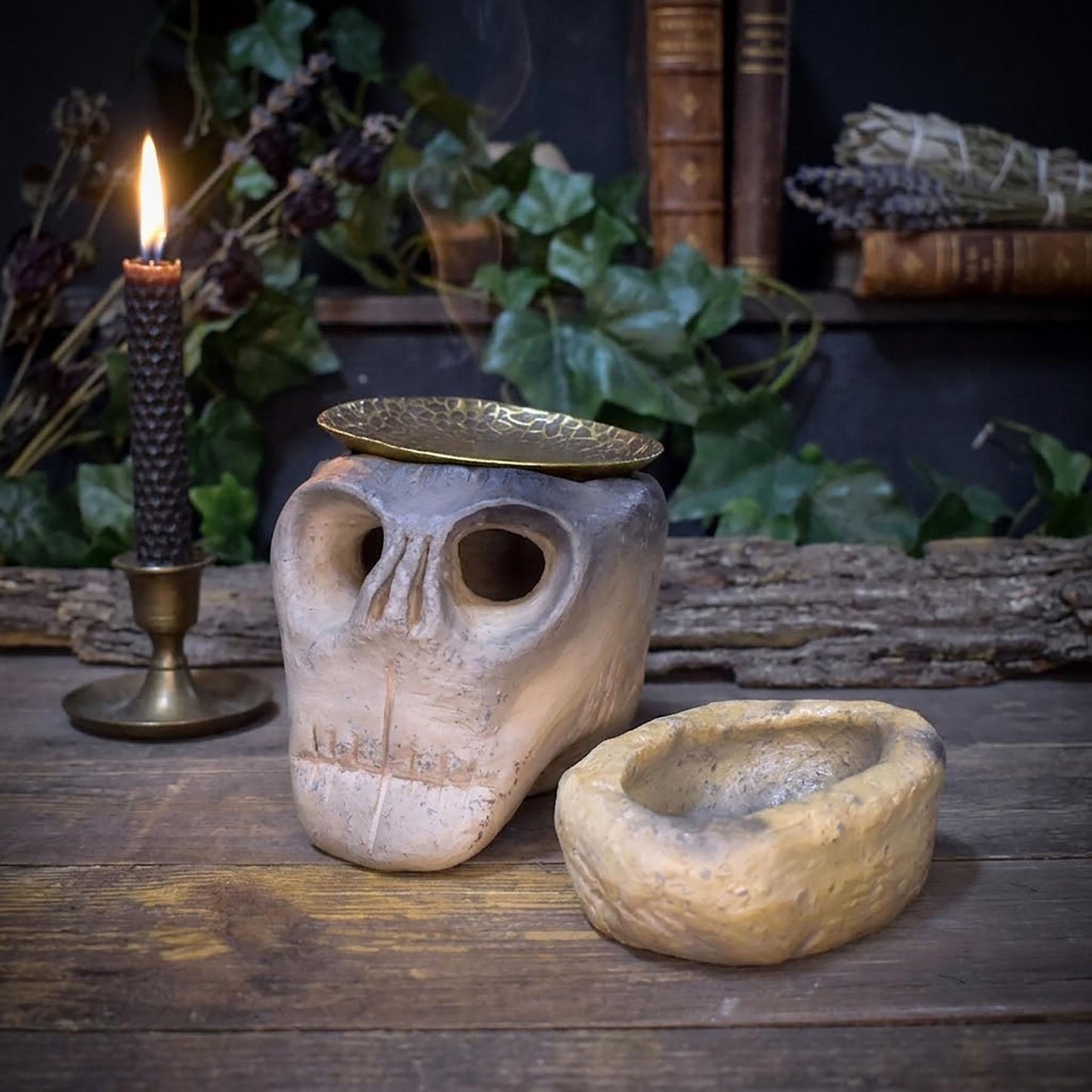 4in1 Räucherstövchen Totenkopf Ton | Duftlampe Rauchbrand Schädel | Spirituelles Geschenk Altar Ritual Keramik Unikat 1kg RÄG089