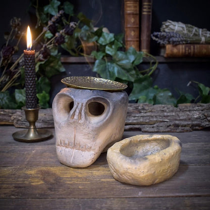 4in1 Räucherstövchen Totenkopf Ton | Duftlampe Rauchbrand Schädel | Spirituelles Geschenk Altar Ritual Keramik Unikat 1kg RÄG089