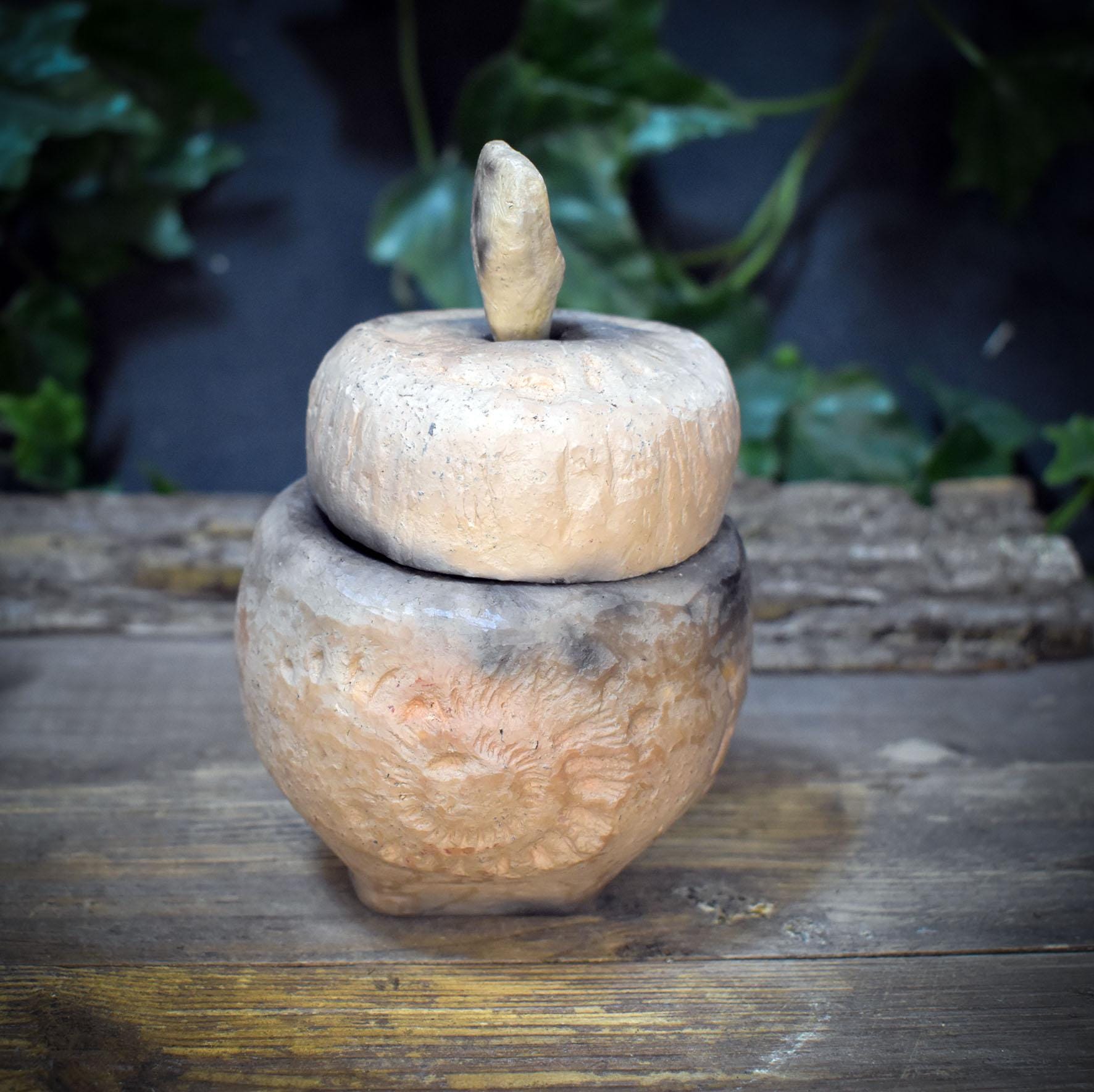 Tongefäß Ammonit Rauchbrand Dose | Archaische Vorratsdose Keramik | Spirituelles Geschenk Fossil Naturform Altar Deko Unikat 720g GEF023