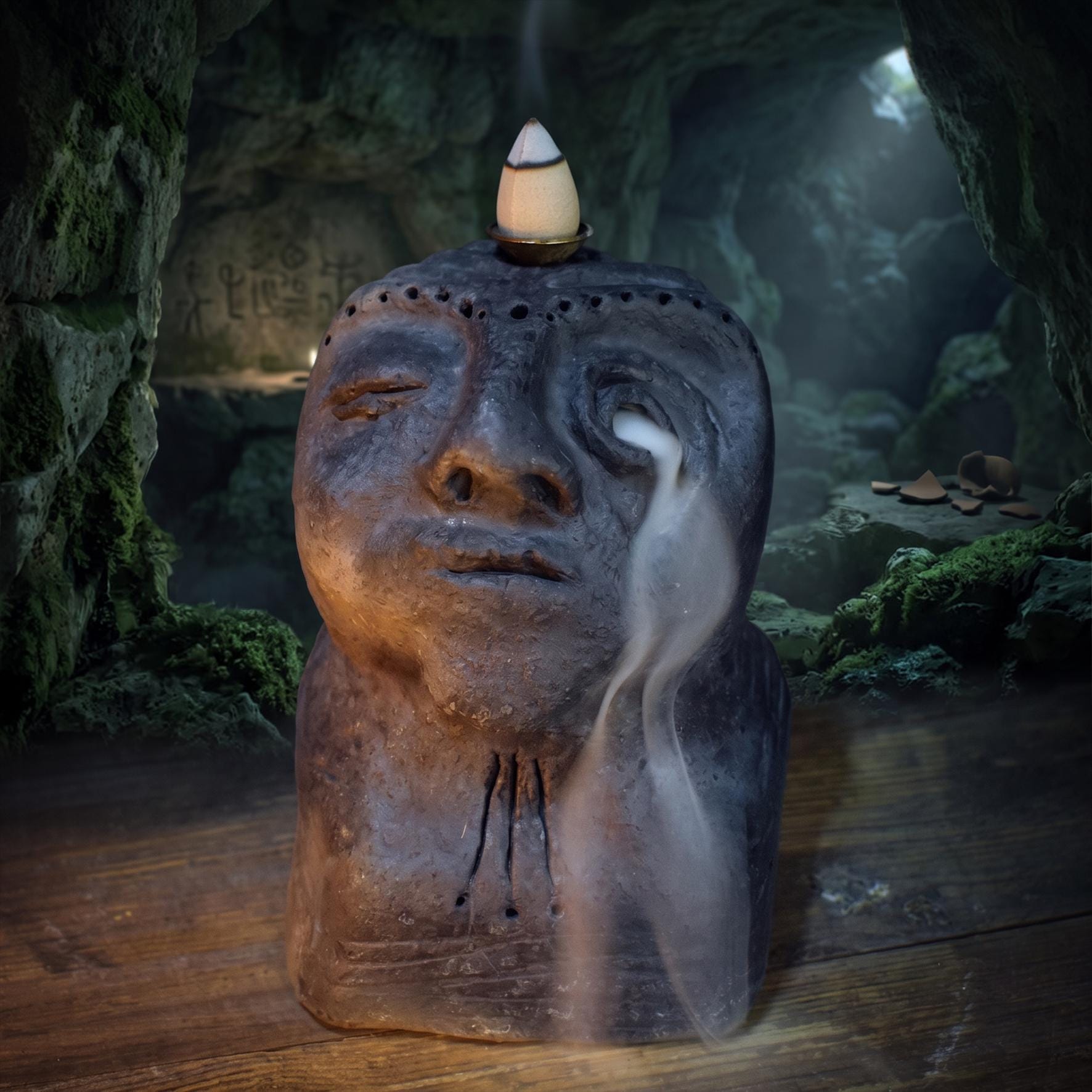 Ahnenskulptur Keramik handgeformt | Archaische Ahnenmaske Rückfluss Räucherhalter | Heidnische Kunst Altar Unikat RÄH072