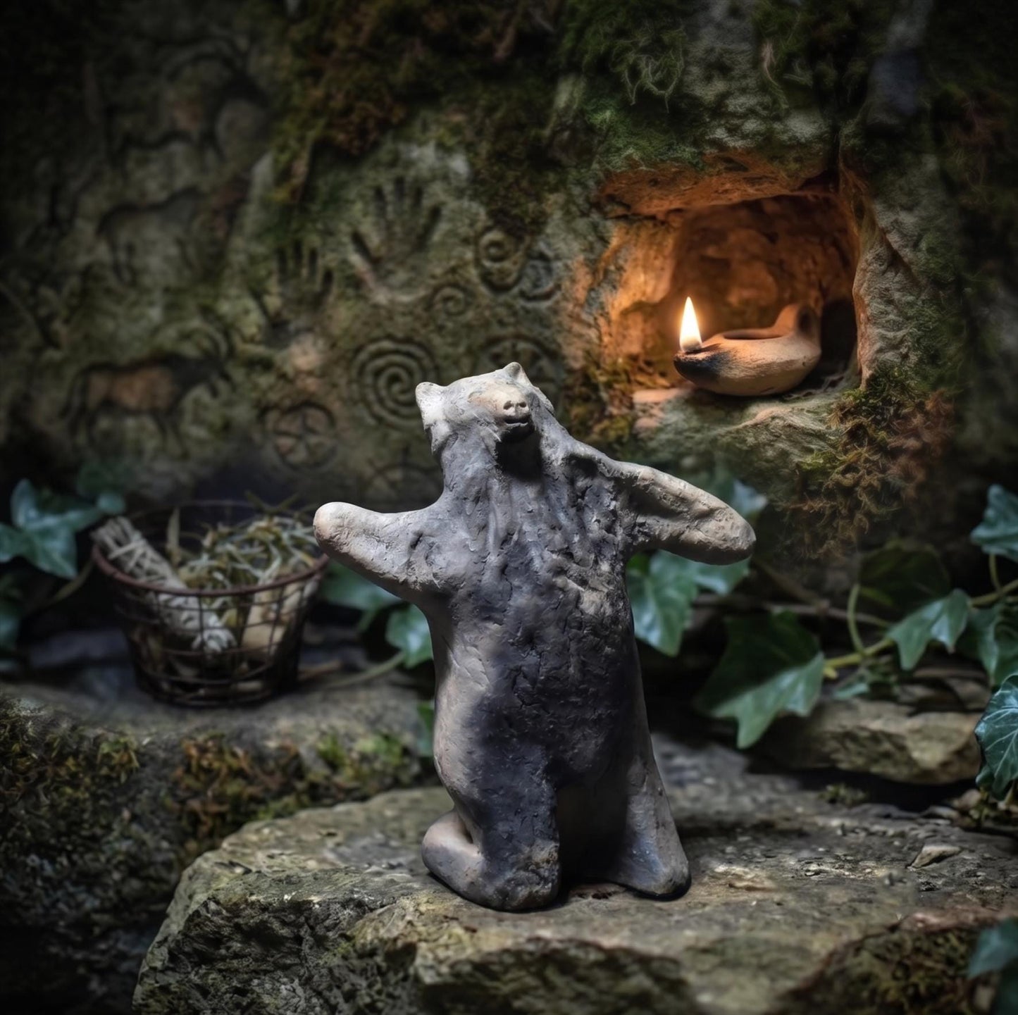 Tanzender Wolf – Archaische Skulptur aus traditioneller Rauchbrandkunst