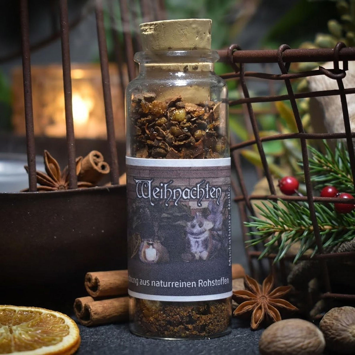 Weihnachtliche Räuchermischung - Naturrein, 30ml Glas mit Korken -Muskatblüte, Nelke, Zimtrinde, Myrrhe