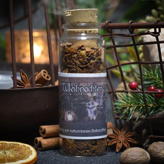 Weihnachtliche Räuchermischung - Naturrein, 30ml Glas mit Korken -Muskatblüte, Nelke, Zimtrinde, Myrrhe