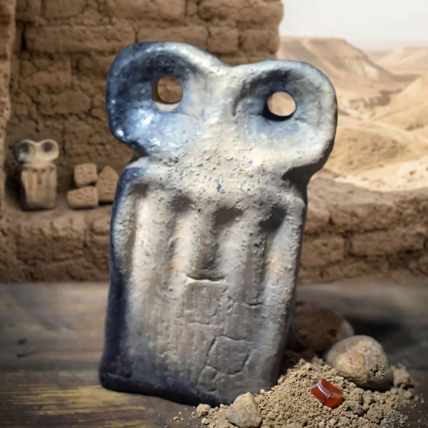 Eye Idol Skulptur nach Tel Brak – archaische Tonfigur mit wachsamen Augen