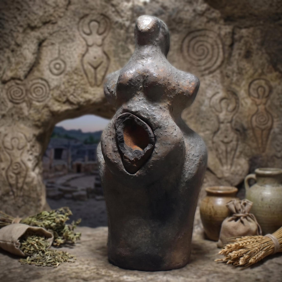 Handgefertigte Goddess Figur aus Naturton - mit Inlay einer Hexenschüssel – Rauchbrand – Ein Tribut an Weiblichkeit und Matriarchat