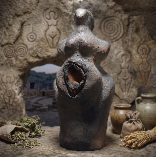 Handgefertigte Goddess Figur aus Naturton - mit Inlay einer Hexenschüssel – Rauchbrand – Ein Tribut an Weiblichkeit und Matriarchat