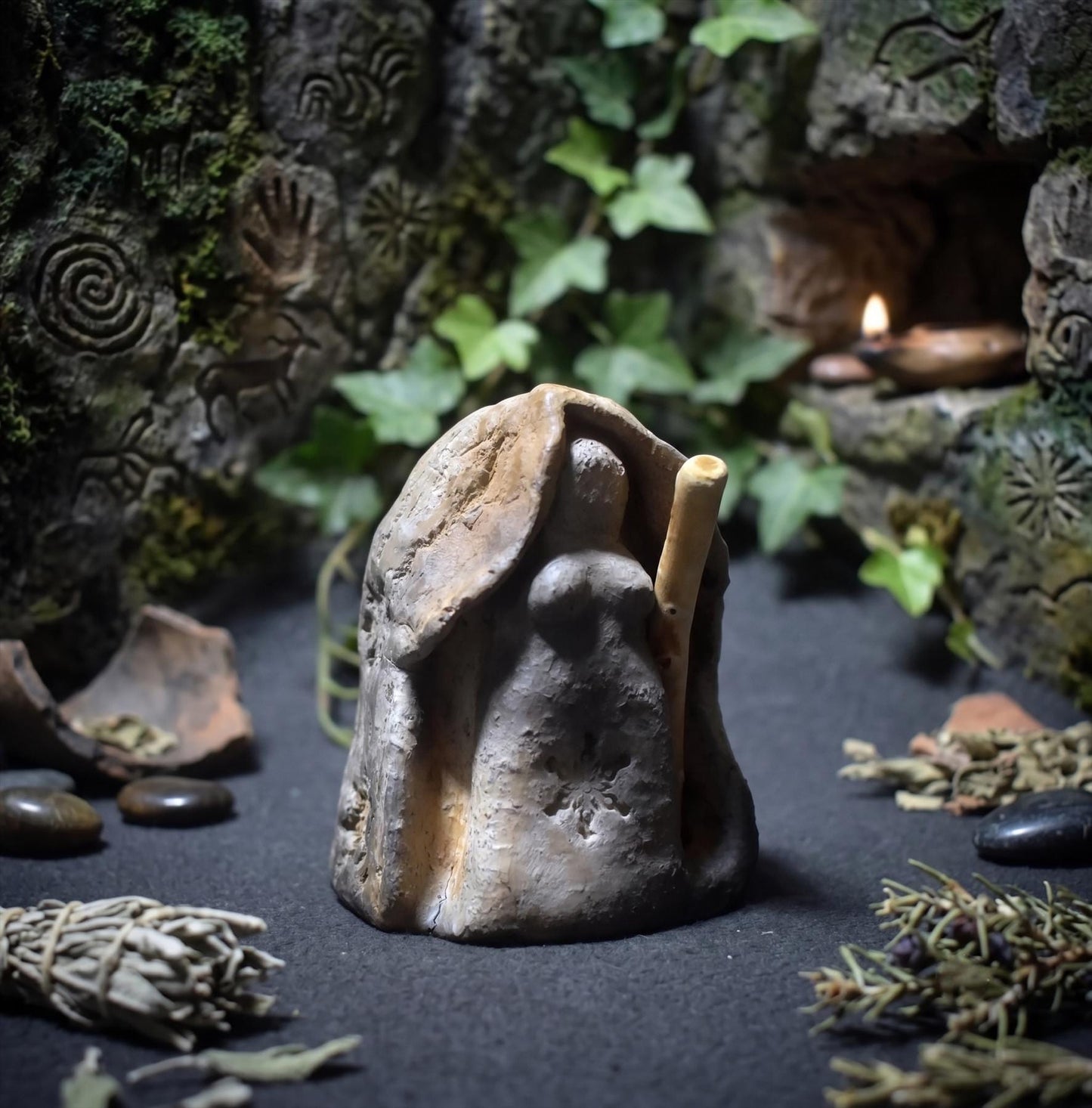 Wintergöttin – Archaische Weisheitsfigur aus traditioneller Rauchbrandkunst