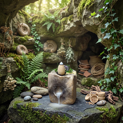 Rückfluss Räuchergefäß aus Rauchbrandton mit Fossil – Wasserfall Räucherkerzen Halter Holzstruktur & Moos – Spirituelle Altar Deko RÄH072
