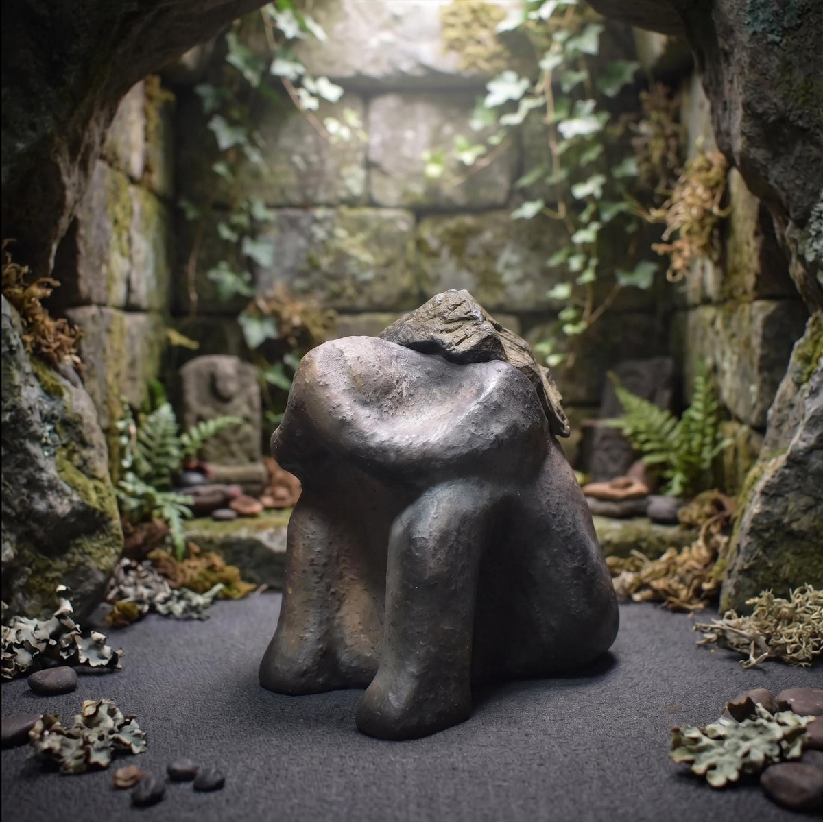 Resilienz Skulptur Ton, Figur Die Last des Lebens tragen, symbolischer Kraftstein, archaische Kunst handgemacht, Mutmacher Geschenk SKU011