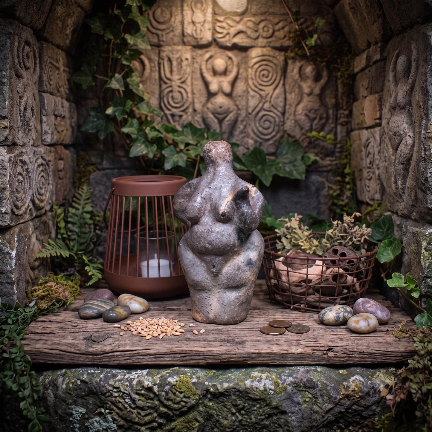 Venus von Willendorf Skulptur, neu gedachte archaische Göttin Figur, Urgöttin Statue aus Ton, spirituelle Altar Deko handgemacht SKU278
