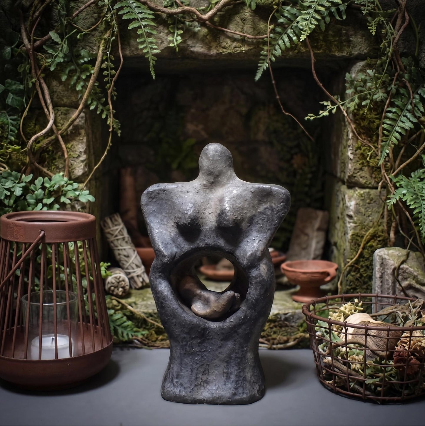 Fruchtbarkeitsgöttin Teelichthalter Ton, Urgöttin Figur mit Baby, archaische Mutter Erde Skulptur, spirituelle Altar Deko SKU009