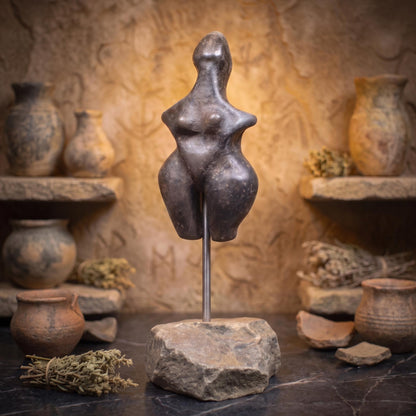 Einzigartige Tonskulptur auf Stele - Matriarchatsgöttin - Handgefertigte Keramik Kunst - im Rauchbrand vollendet