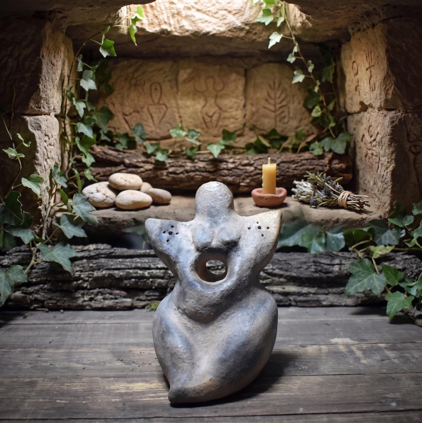 Skulptur „Mondgöttin“ – Archaische Rauchbrandfigur aus Ton