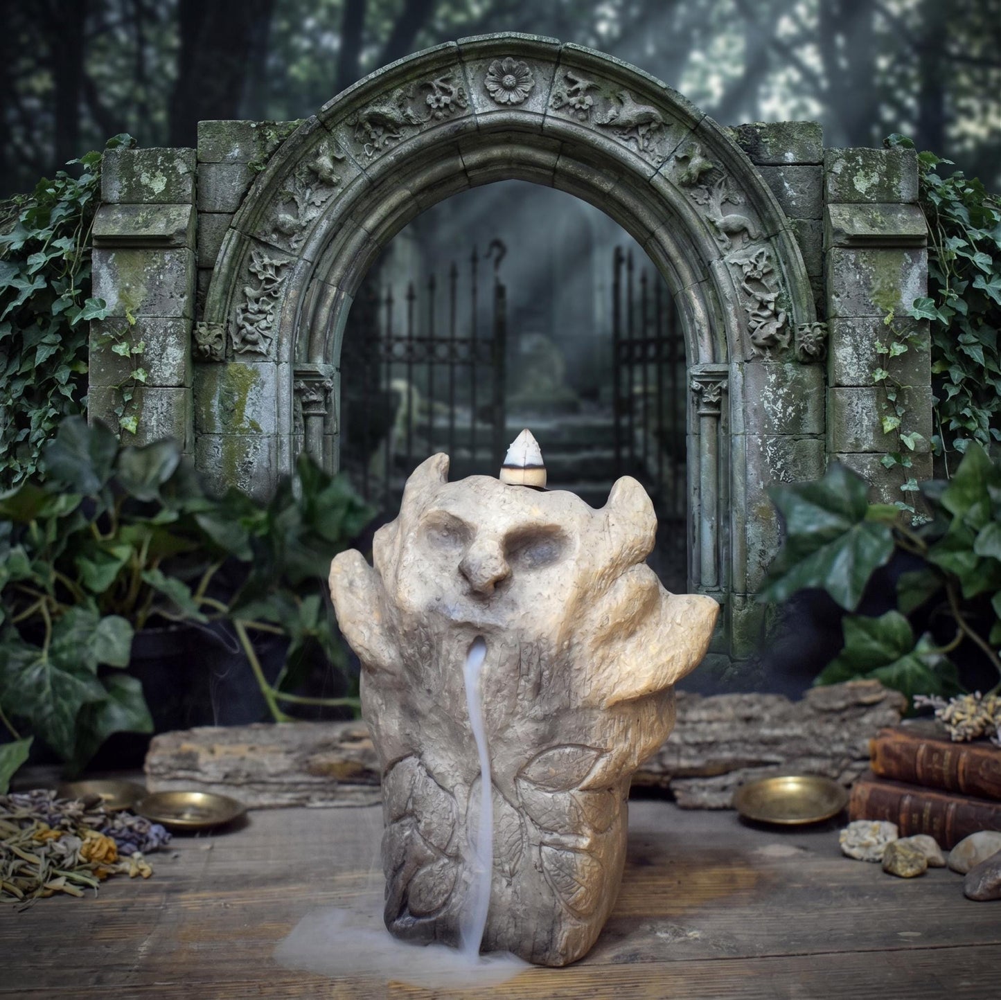 Cernunnos Rückfluss Räucherkegelhalter Keramik | Rauchwasserfall Gehörnter Gott | Keltischer Waldgott Altar Deko Ritual 950g RÄH075