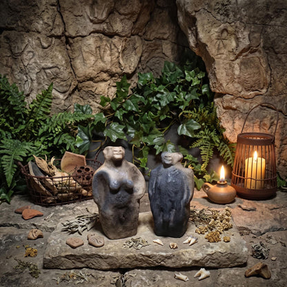 Löwenmenschen Paar/auch einzeln erhältlich/neolithisch inspirierte Skulpturen aus Rauchbrand-Ton/primitive Kunst/Art.Nr.: SKU092