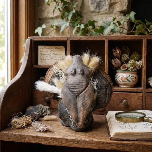 Göttin der Stille – Ruhend auf Baumpilz, Moos und Gras - primitive Kunst - spirituelle Begleiterin - Art.Nr.: SKU136