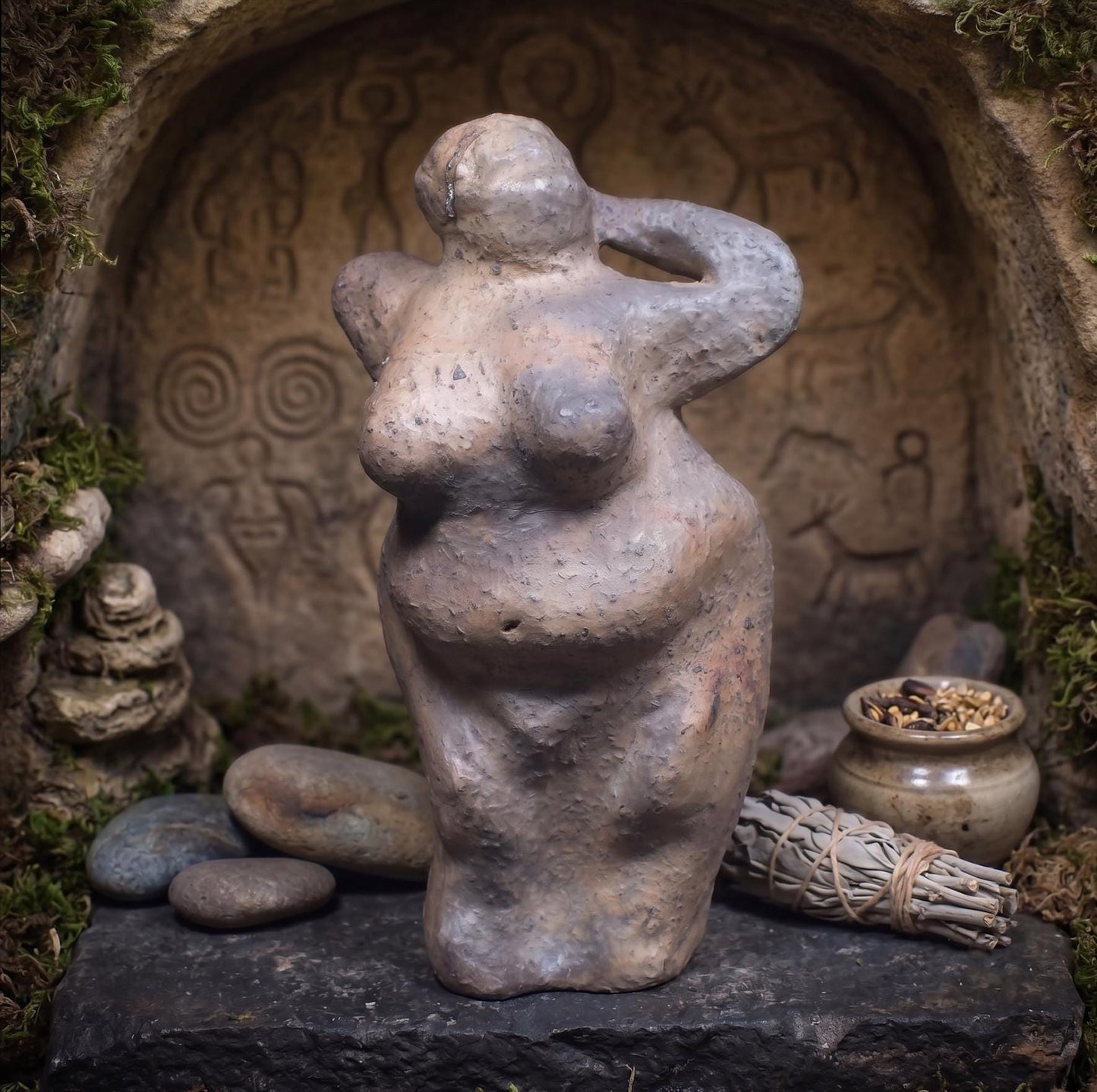 Venus von Willendorf Skulptur, moderne Interpretation Urgöttin, archaische Frauenfigur, spirituelle Altar Deko Ton SKU251