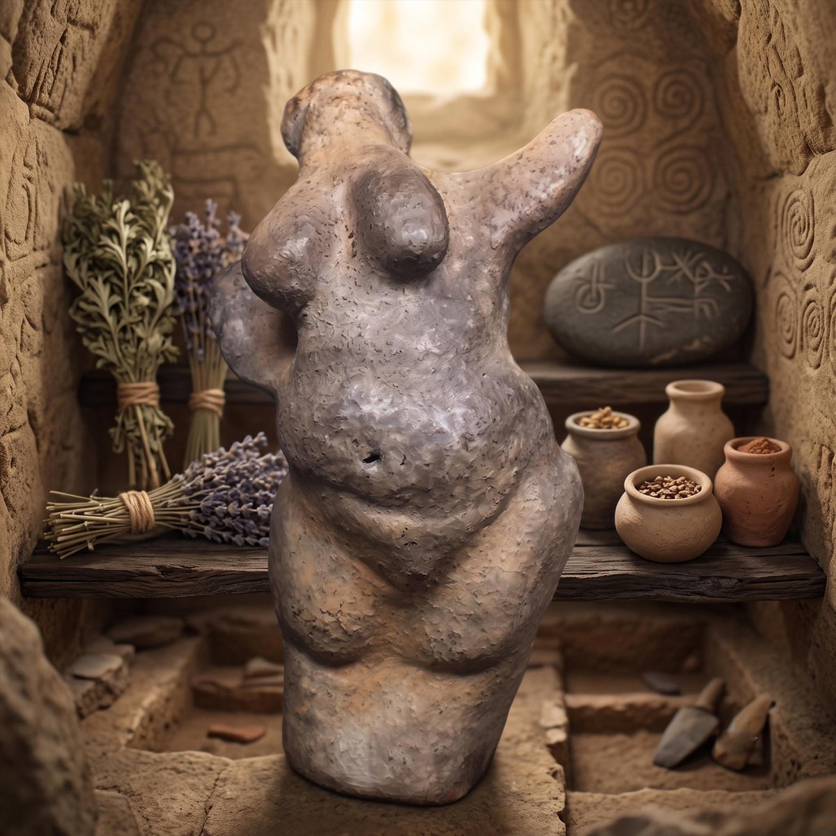 Tanzende Göttin Skulptur Ton, archaische Frauenfigur handgemacht, spirituelle Altar Deko, Venus Statue Keramik Unikat SKU253