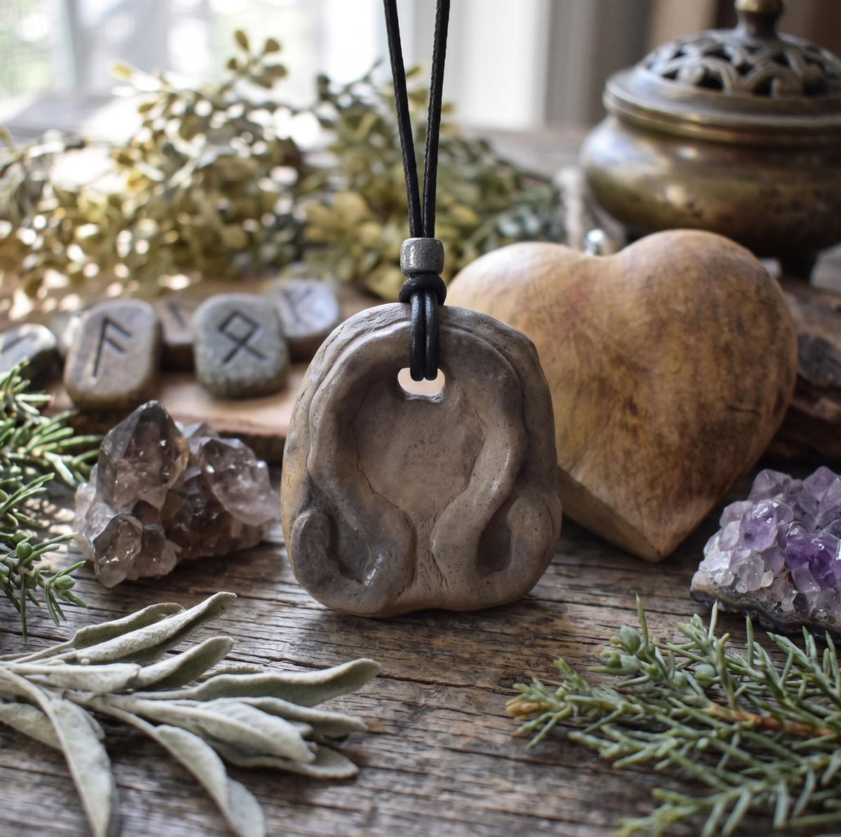 Einzigartiges Amulett Litha aus gebranntem Ton – Dein spiritueller Glücksbringer mit verstellbarem Leder- oder Baumwollband und Perle