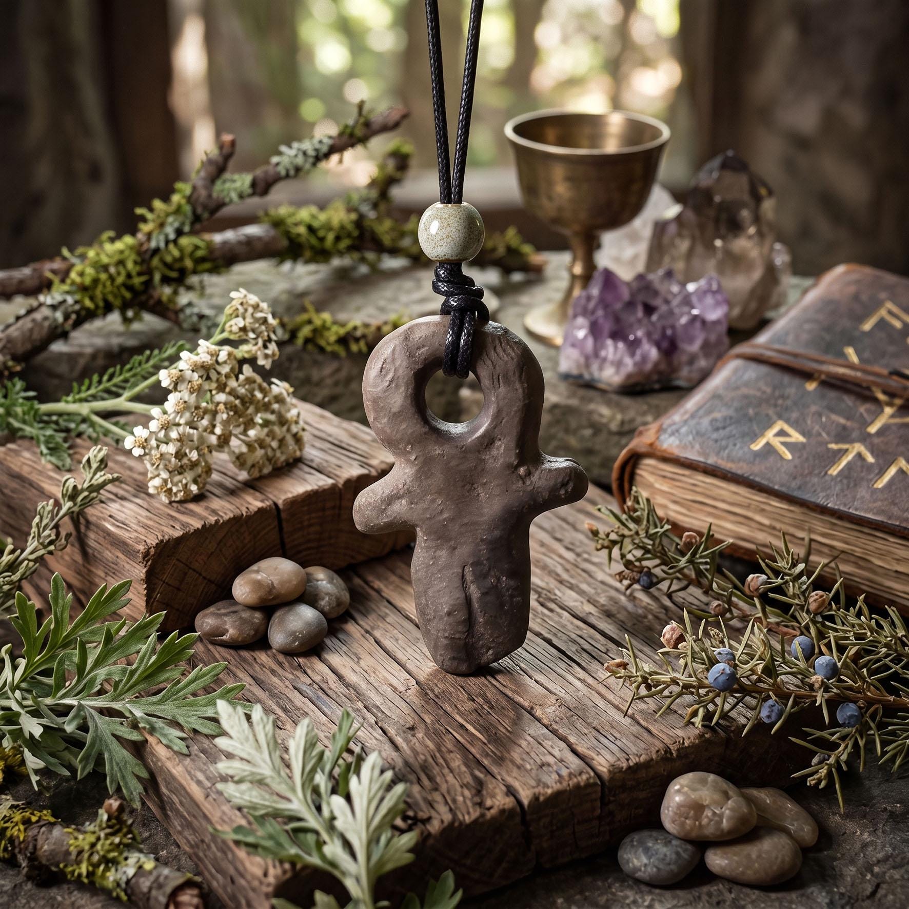 Abstraktes Göttinen Amulett - inspiriert durch prähistorische Artefakte - mit verstellbarem Leder- oder Baumwollband