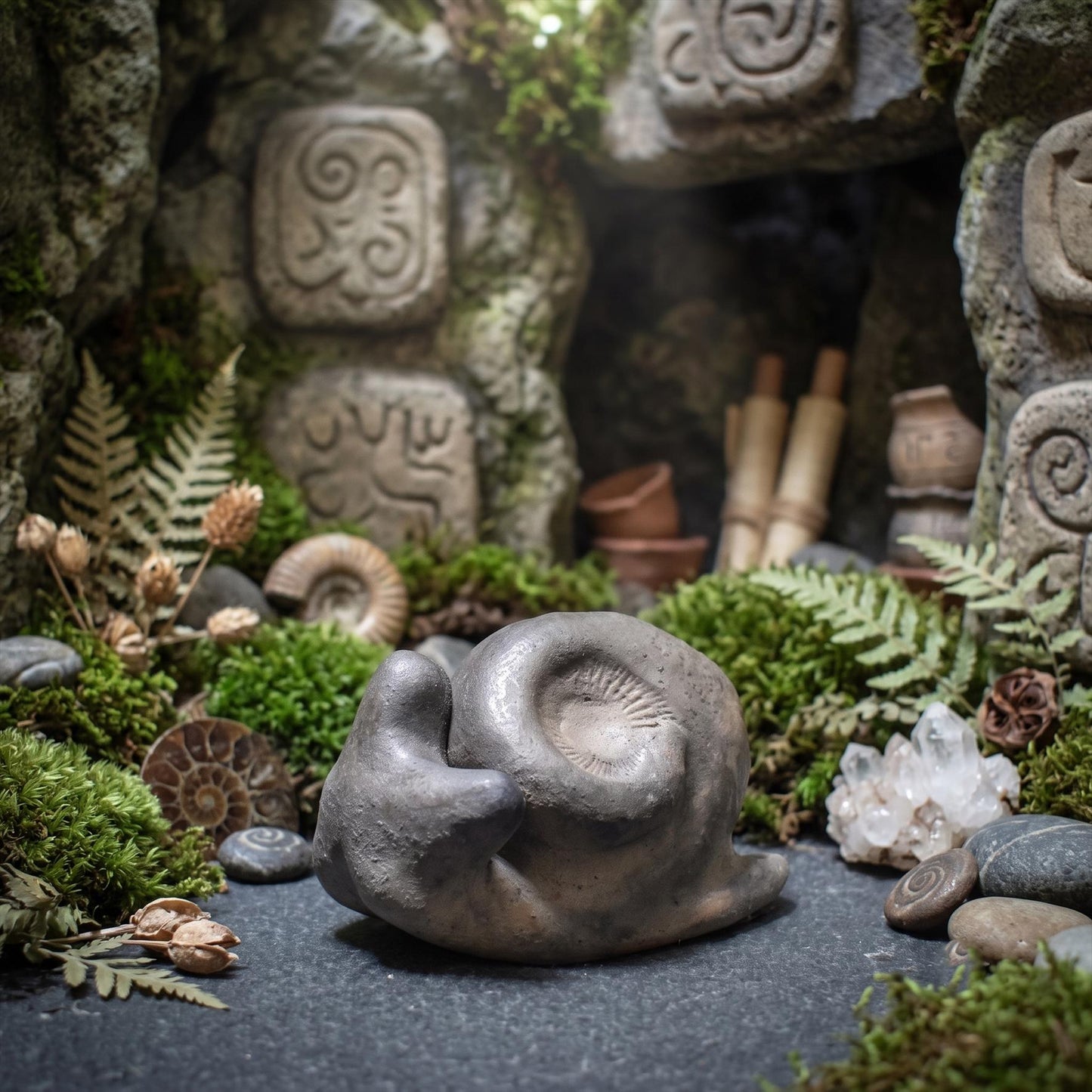 Frau im Schneckenhaus Miniatur Ton, Schnecke Figur handgemacht, Handschmeichler Schutzstein, spirituelle Altar Deko SKU212