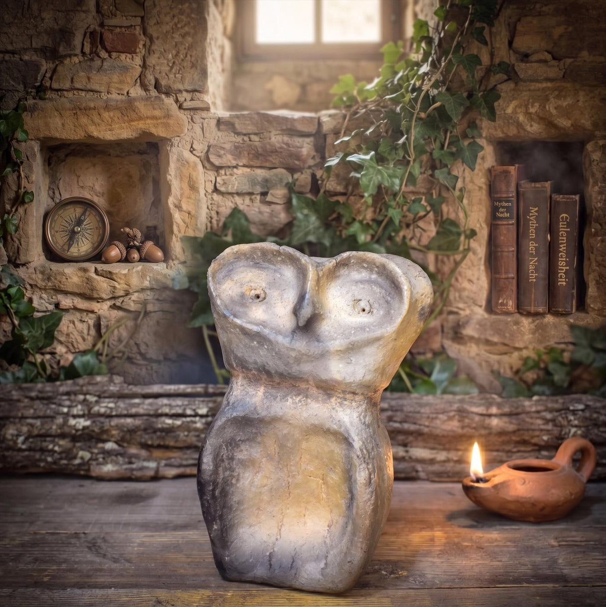 Eule Skulptur aus Keramik, archaisches Krafttier Eule handgemacht, Eulenfigur aus Ton für den Altar, spirituelle Deko