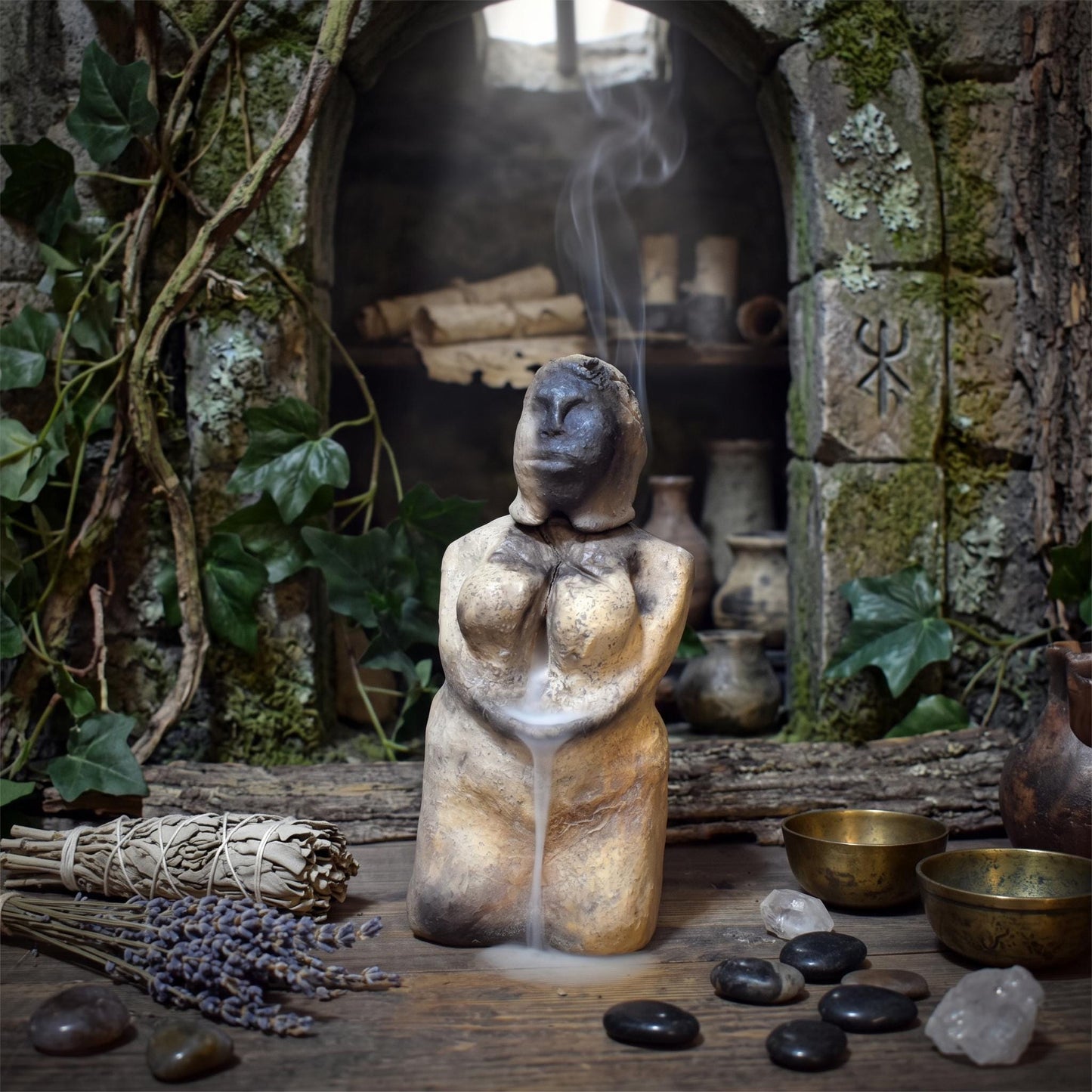 Göttin Rückfluss Räucherkegelhalter Keramik | Rauchwasserfall Venus Figur 2-teilig | Archaische Altar Deko Ritual Skulptur 1,3kg RÄH077