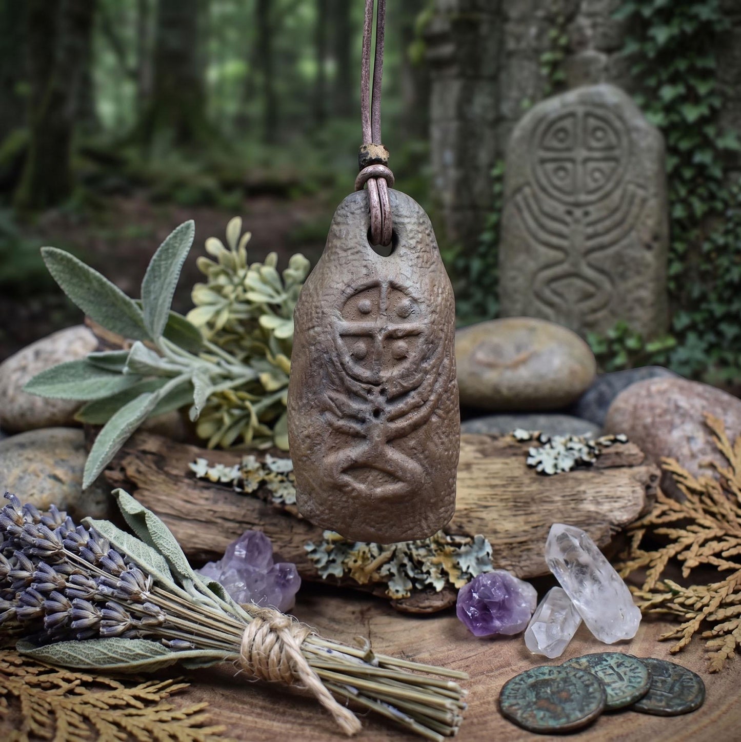 Handgefertigtes Amulett - nordisches Sonnenrad - Traditioneller Ton-Talisman für Glück & Wohlstand - mit Leder- oder Baumwollband