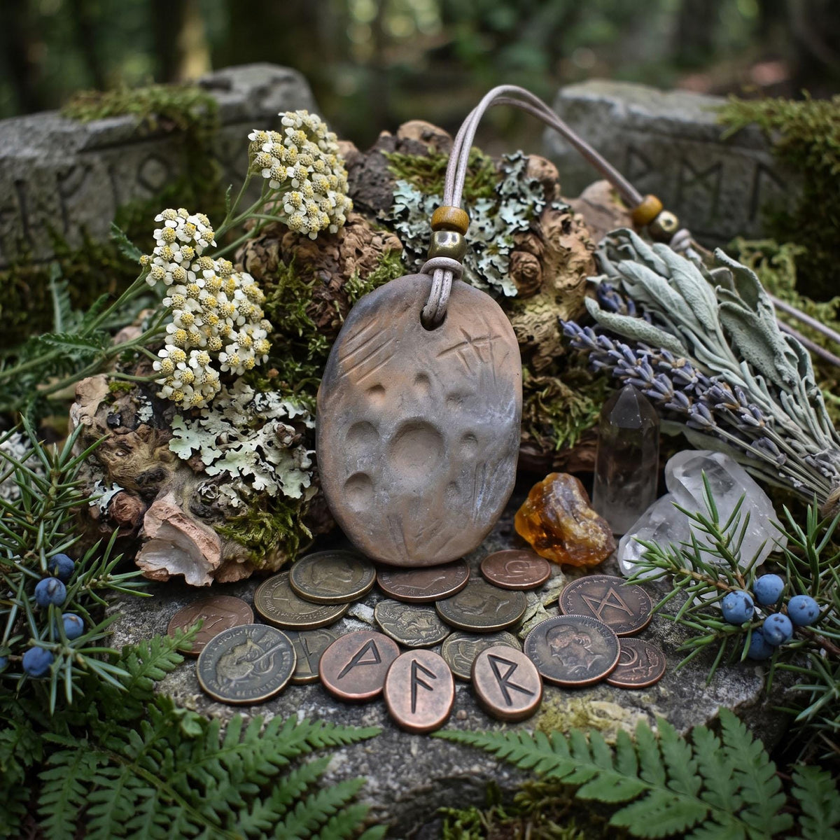 Handgefertigtes Glücksbringer Amulett - Sonnensymbol - aus traditionell gebranntem Ton – Rustikaler Talisman-Anhänger