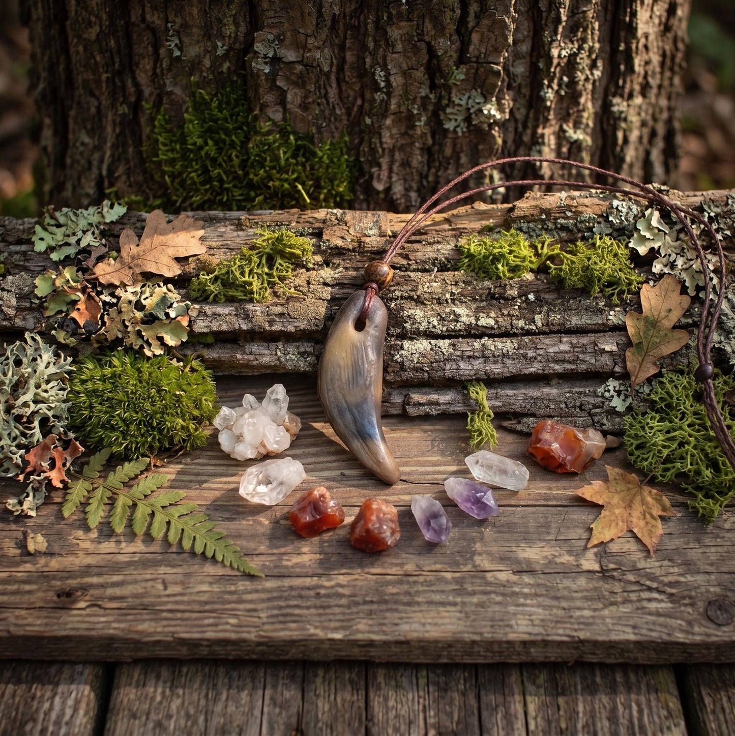 Wolfszahn-Amulett – Neolithisch inspiriertes Schmuckstück in Rauchbrandkunst mit Leder- oder Baumwollband- Art.Nr.: AMU042