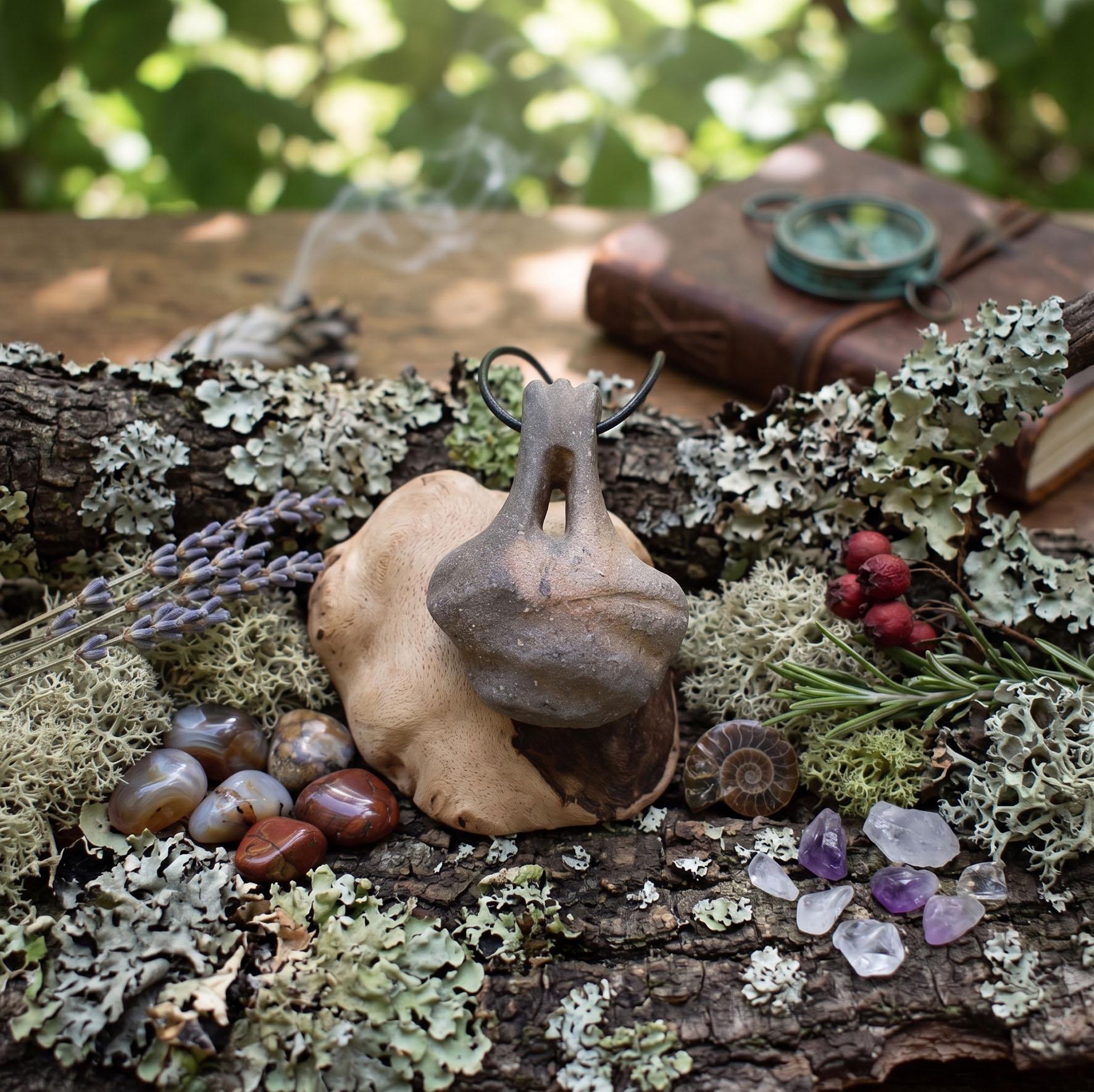 Einzigartiger Glücksbringer Talisman aus Rauchbrand-Ton – Handgefertigtes Amulett aus der mystischen Welt von Avalon