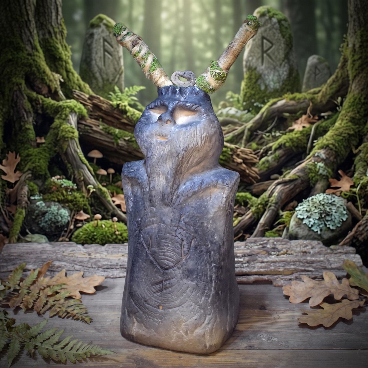 Cernunnos Skulptur Keramik, Horned God Altar Figur, Kelten Gott Holzgeweih, Rauchbrand 2,4kg, 28x14cm SKU314