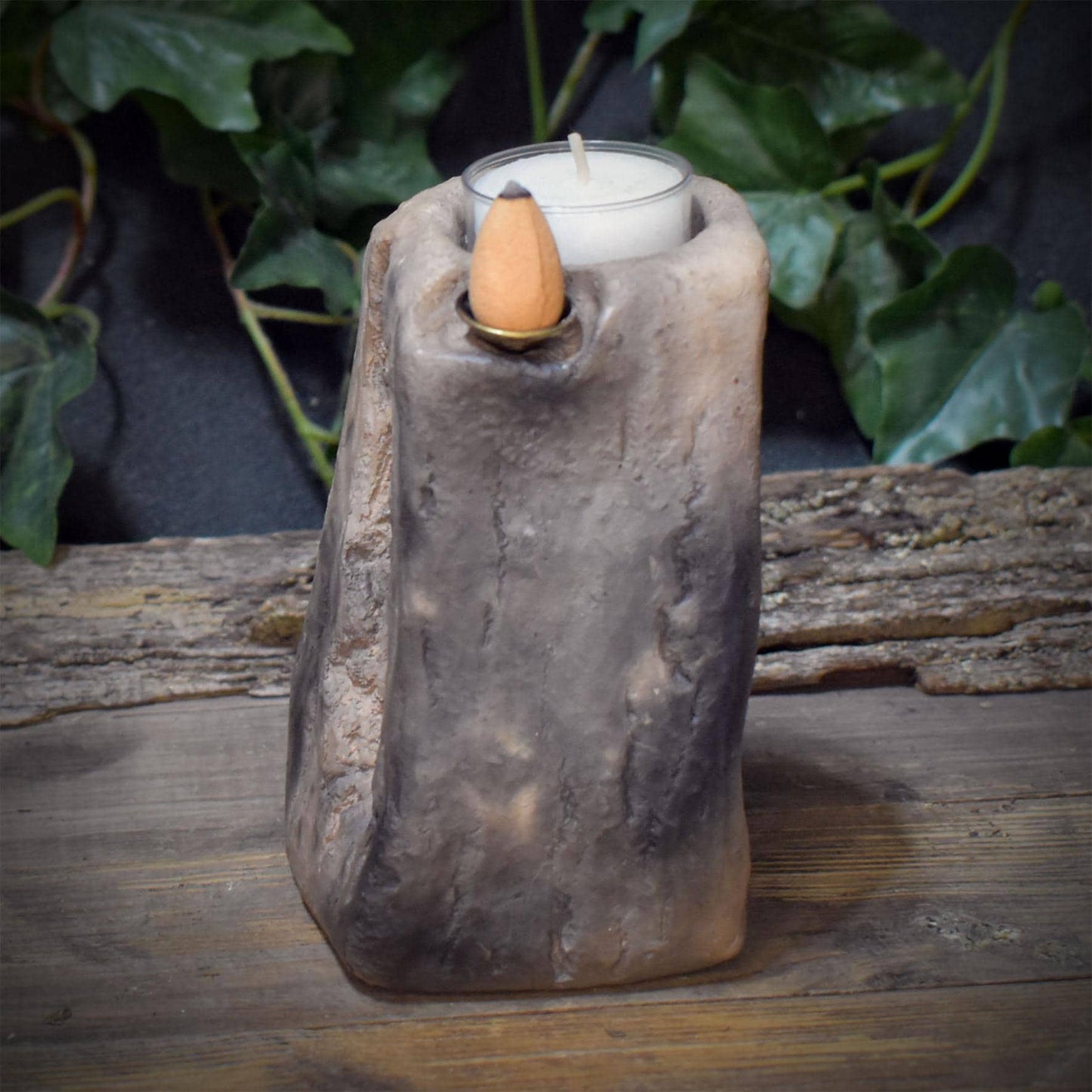Teelichthalter Rückfluss Räucherkegel, Portal Anderswelt Schwelle, Trauerlicht Abschied Tod, Altar Keramik Rauchbrand 1kg, 13x8cm, AEP015