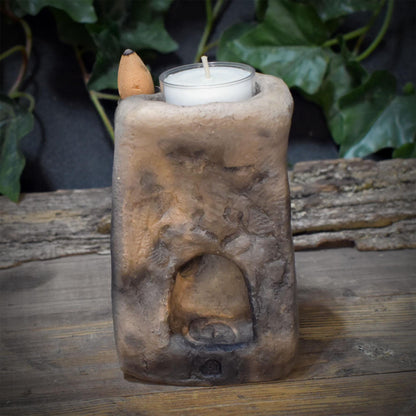 Teelichthalter Rückfluss Räucherkegel, Portal Anderswelt Schwelle, Trauerlicht Abschied Tod, Altar Keramik Rauchbrand 1kg, 13x8cm, AEP015