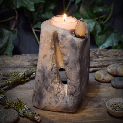 Teelichthalter Rückfluss Räucherkegel, Portal Anderswelt Schwelle, Trauerlicht Abschied Tod, Altar Keramik Rauchbrand 1kg, 13x8cm, AEP015