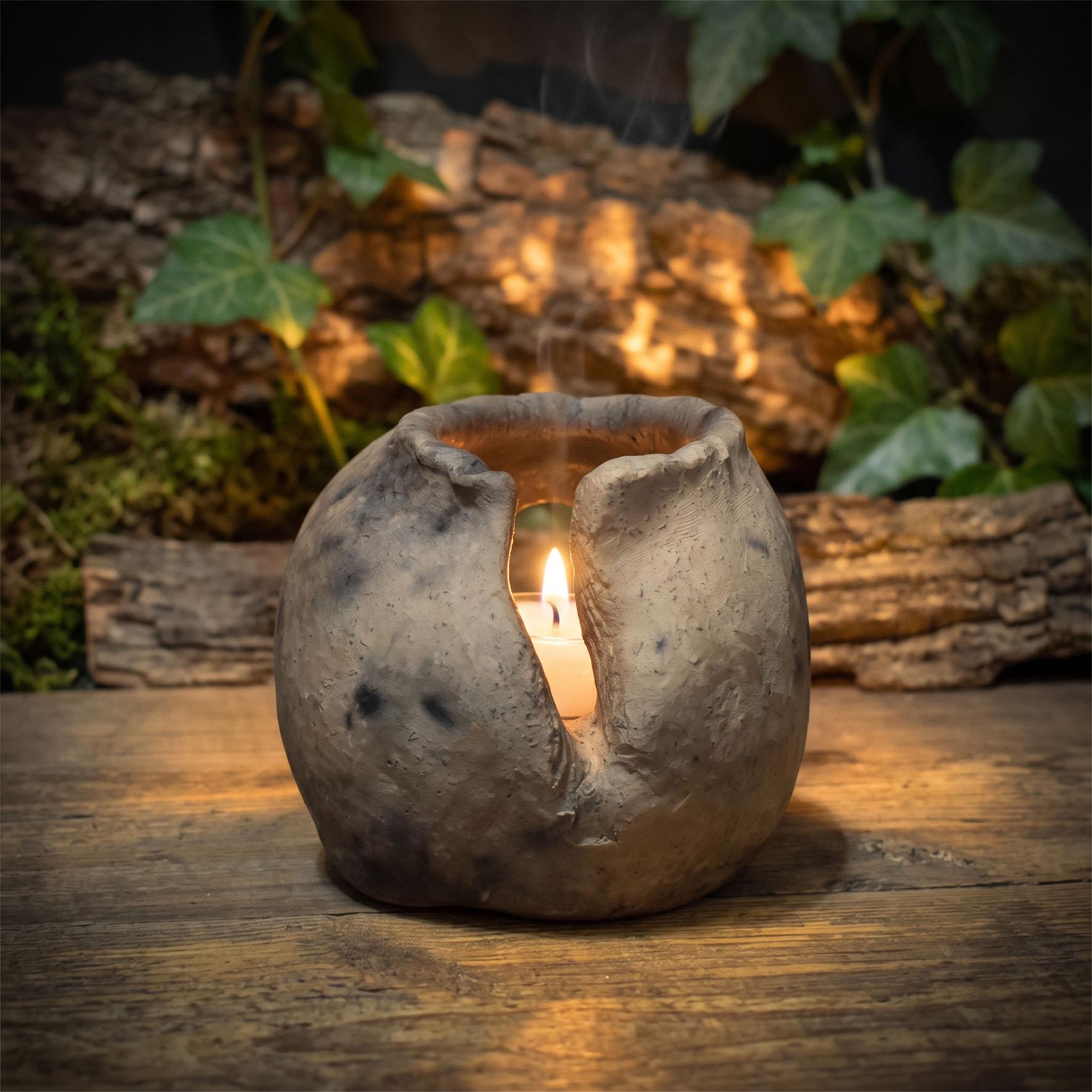 Teelichthalter Übergang Keramik, Portal Anderswelt Rauchbrand, Gedenklicht Abschied Ritual, Kerzenhalter Altar Tod Trost, 780g AEP014