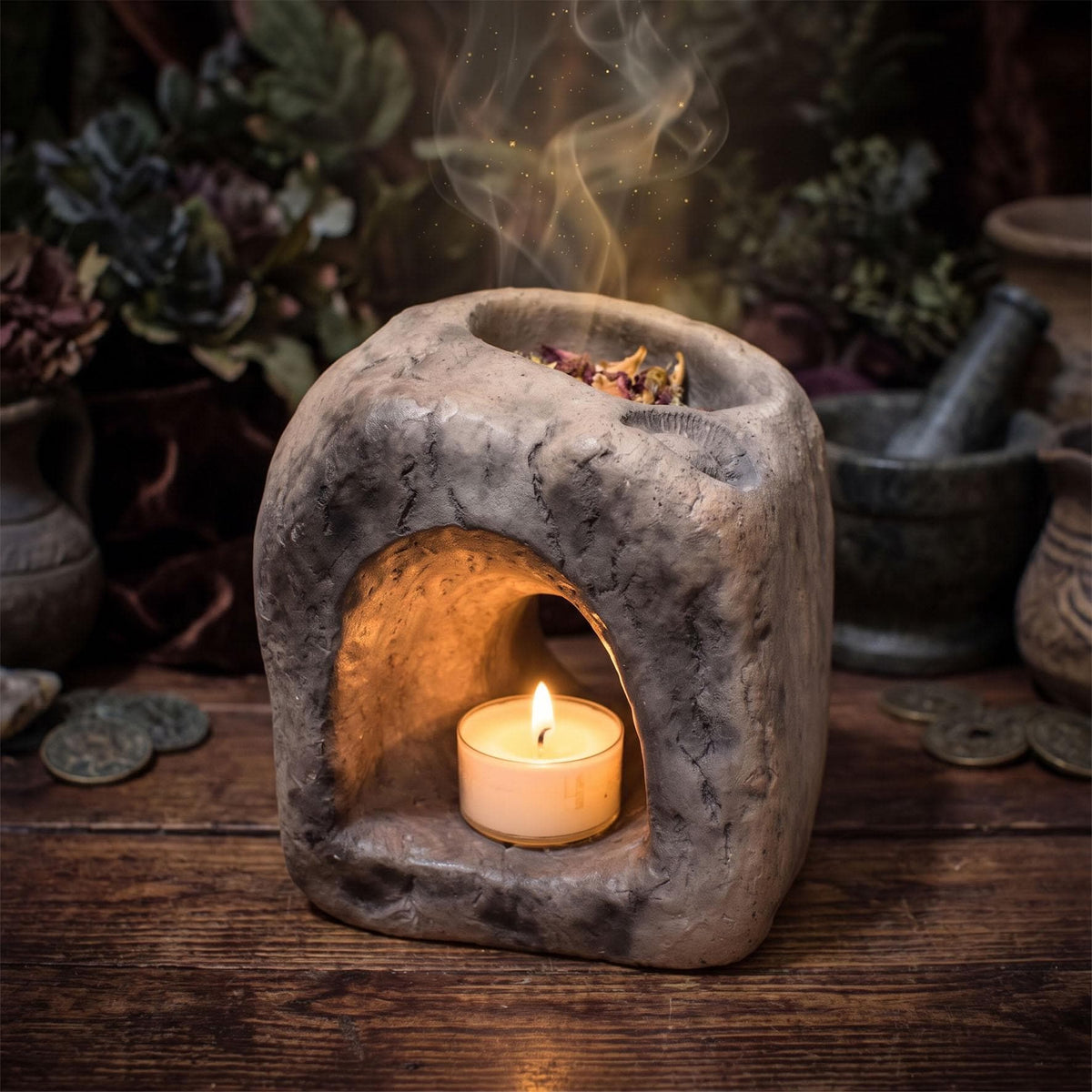 Räuchergefäß für Kohle Teelichthalter Portal Keramik | Räucherschale mit Ammonit Relief | Spirituelle Deko Altar Ritual 2kg RÄG100