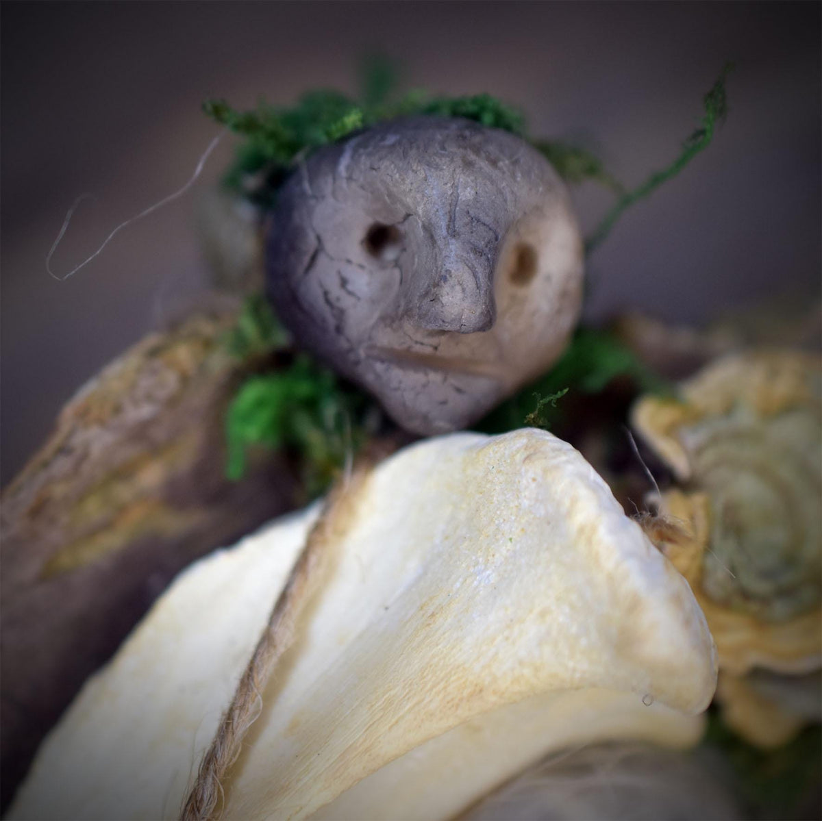 Waldwesen Skulptur mit Echtem Knochen & Baumpilz | Treibholz Kunstobjekt mit Keramikkopf | Schamanischer Altar Wächter SKU323