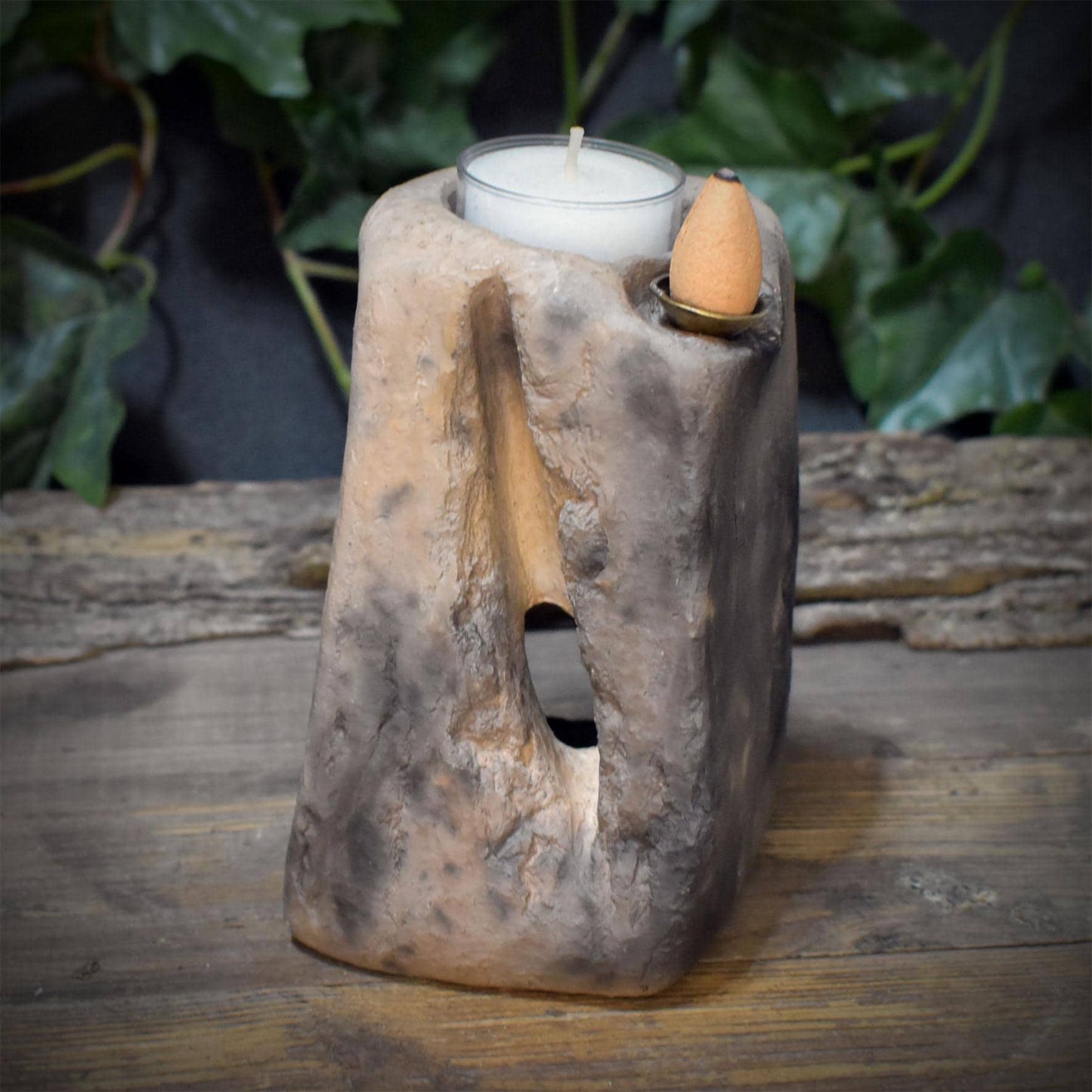 Teelichthalter Rückfluss Räucherkegel, Portal Anderswelt Schwelle, Trauerlicht Abschied Tod, Altar Keramik Rauchbrand 1kg, 13x8cm, AEP015