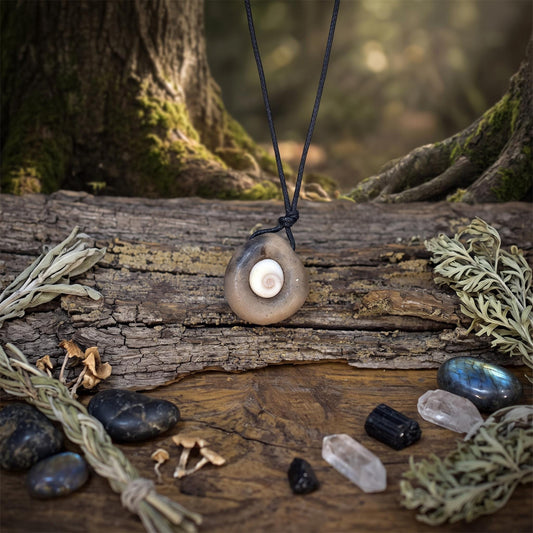 Shiva Auge Amulett Kette Keramik | Schutzsymbol Anhänger Spirale Turbanschnecke | Schamanischer Schmuck Zart Handgemacht 2cm AMU094
