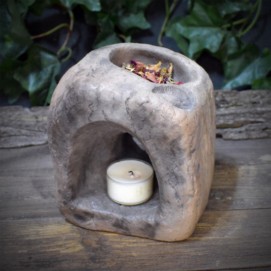 Räuchergefäß für Kohle Teelichthalter Portal Keramik | Räucherschale mit Ammonit Relief | Spirituelle Deko Altar Ritual 2kg RÄG100